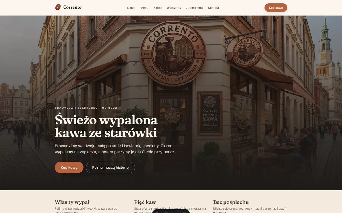 Strona główna Correntō z witryną kawiarni i logiem palarni
