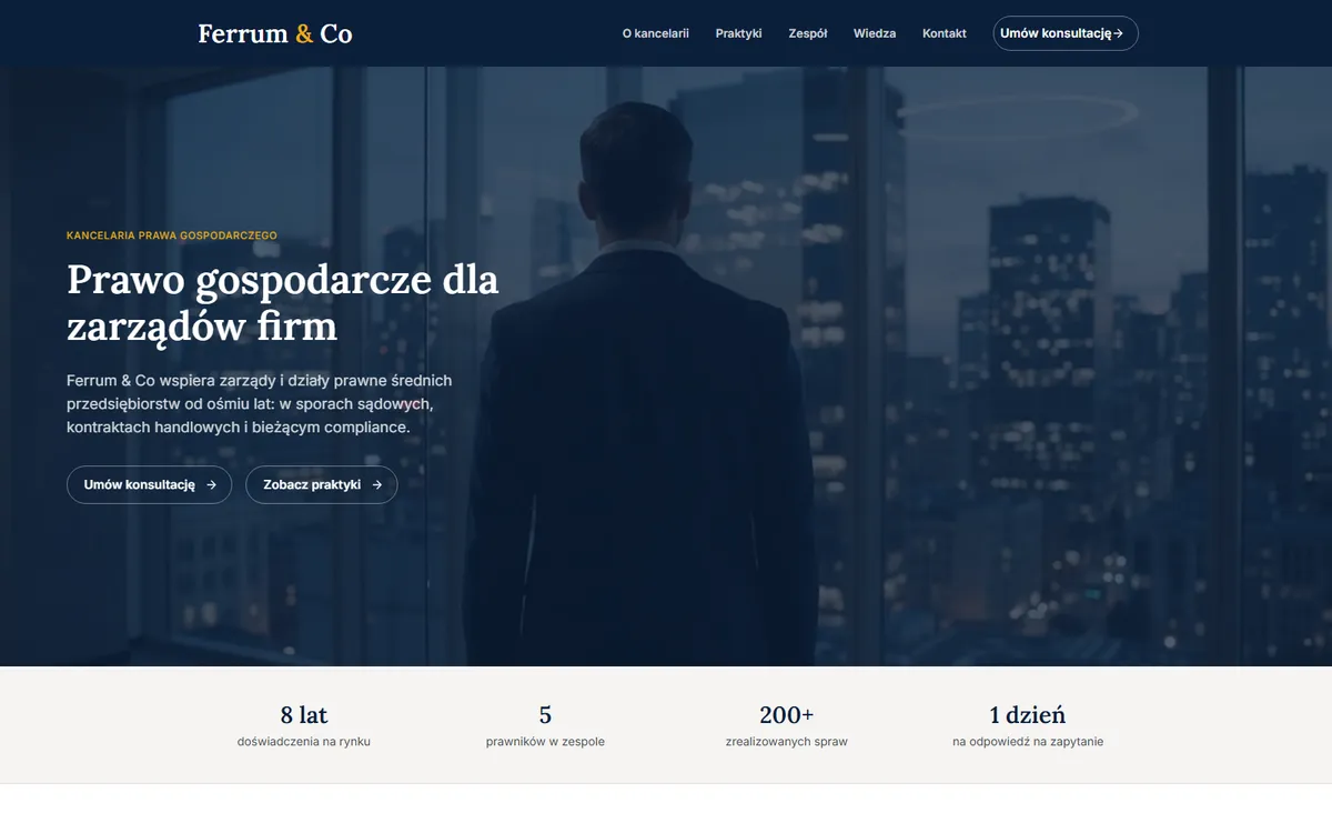 Strona główna kancelarii Ferrum & Co z widokiem panoramy miasta