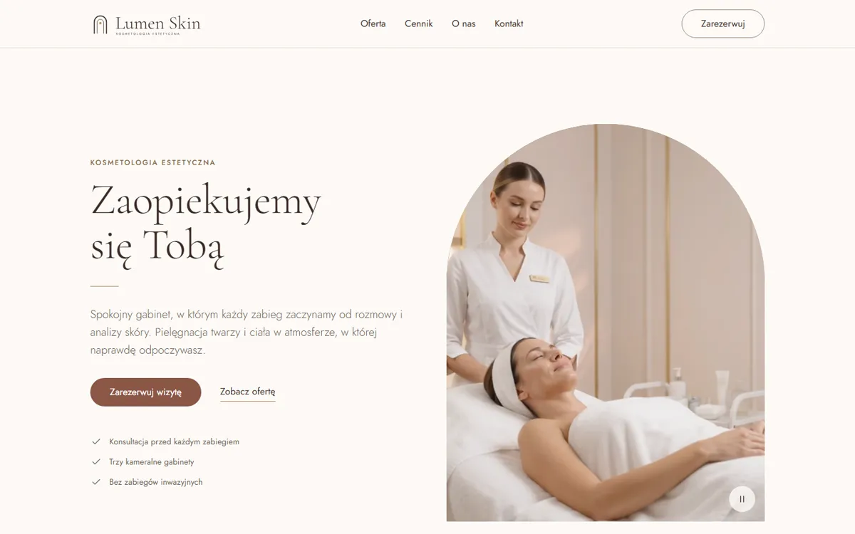 Strona główna Lumen Skin z gabinetem kosmetologii i hasłem „Zaopiekujemy się Tobą”