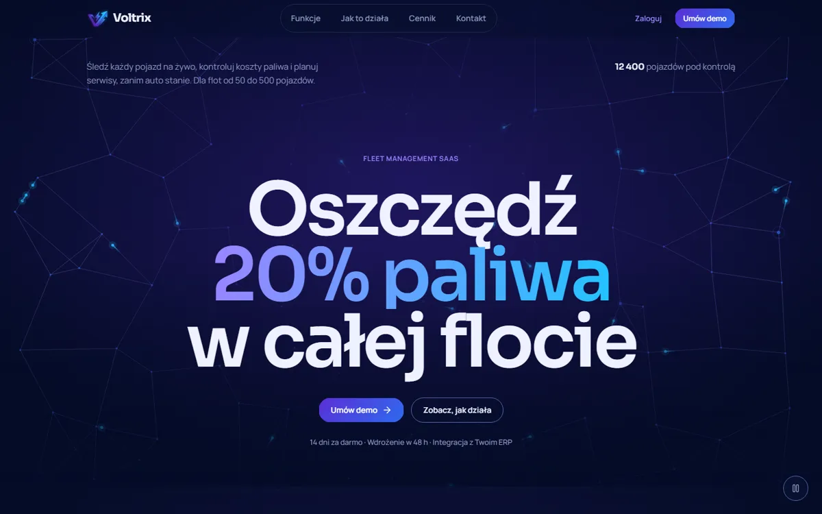 Strona główna Voltrix z nagłówkiem o oszczędzaniu paliwa w całej flocie